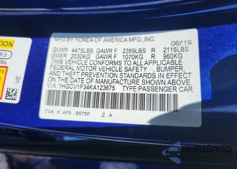 2019 Honda Accord Sport from USA, damaged, VIN 1HGCV1F34KA123675